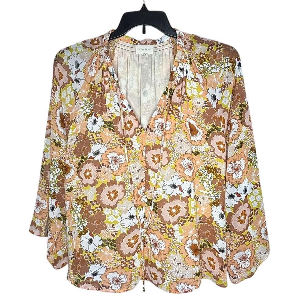 Melloday 60's Style Boho Retro Floral Smocked Neckline Blouse Top Size Large